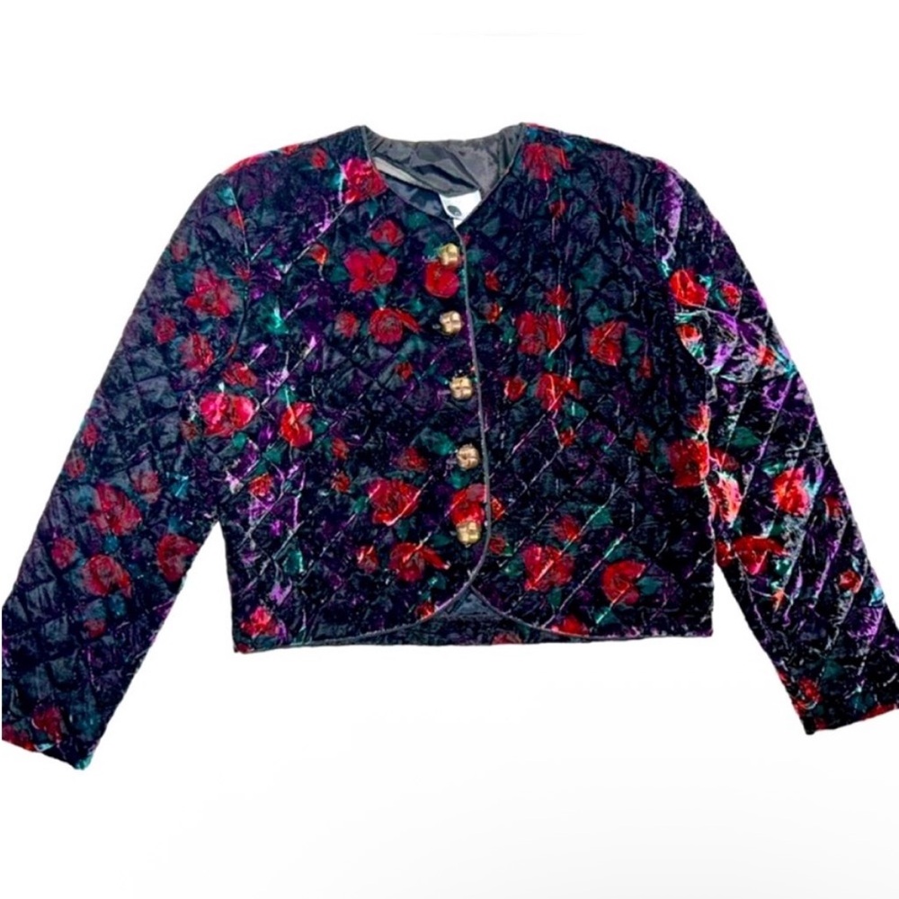 Vintage Quilted Velvet Bomber Jacket in Purple with Red Floral